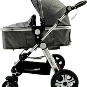 Trendy Grey Convertible 2in1 Aluminium Alloy Pram Stroller Bassinet Rain Cover, Foot Cover, Cup Holder, Inner Cushion, Mosquito Net Included