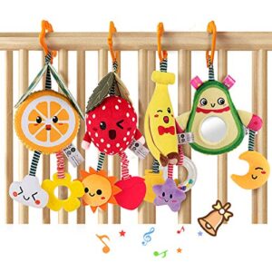 TUMAMA Baby Toys for 3 6 9 12 Months,Hanging Fruit Rattles Avocado,Banana,Orange and Strawberry,Stroller Mobile Toys,Plush Soft Rattles for Boys,Girls, 4 Pack