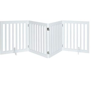 Unipaws Free Standing Walk Over Dog Gate, Extra Wide Safety Wood Pet Gate, Indoor Foldable Dog Gate, Doorway Pet Barrier, Expands up to 203cm Wide 61cm Tall, White