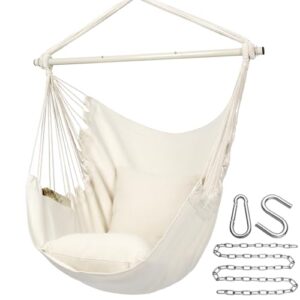 Y- STOP Hammock Chair Hanging Rope Porch Swing Seat Quality Cotton Weave for Superior Comfort & Durability, Garden, Patio, Extra Long Bed Yard- Max 320 Lbs -2 Seat Cushions Included with Hook (Beige)