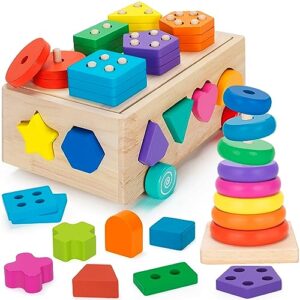 Aigybobo Montessori Toys For 1 Year Old Baby Toy 12 18 Months Wooden Shape Sorting Ring Stacking Toys For Toddlers And Kids Preschool Ideal For Boys Girls Age 1 2 3 Years Old