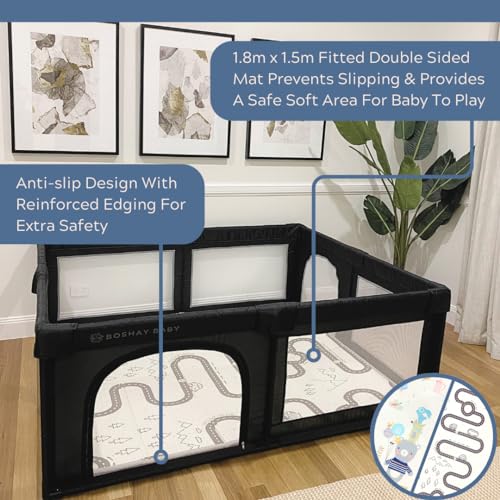 Aussie Boshay Baby Playpen With Double Sided Mat 18m X 15m Large Playpen In Grey Baby Kids Activity Play Yard 4 Pull Rings Storage Bag Safe Sturdy Baby Play Pen Anti Slip Base 2 Entries 4