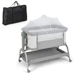Baby Joy 4 In 1 Baby Bassinet With Mattress Baby Bedside Sleeper W Rocking Mode 6 Adjustable Height Mosquito Net Lockable Wheels Portable Baby Cradle Travel Crib W Carry Bag Light Grey