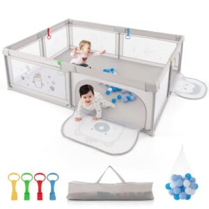 Baby Joy Baby Playpen 205 X 147 Cm Baby Play Yard With Animal Cartoon Pattern 50 Ocean Balls 4 Pull Rings Carrying Bag Large Baby Gate Play Yard Fence For Toddlers Penguin