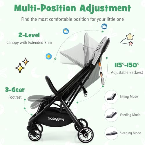 Baby Joy Lightweight Baby Stroller Compact Travel Stroller For Airplane Infant Toddler Stroller W Adjustable Backrest Canopy Storage Basket Self Standing Gravity Fold Aluminium Frame Grey 3