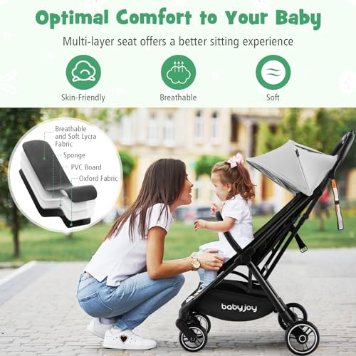 Baby Joy Lightweight Baby Stroller Compact Travel Stroller For Airplane Infant Toddler Stroller W Adjustable Backrest Canopy Storage Basket Self Standing Gravity Fold Aluminium Frame Grey 4