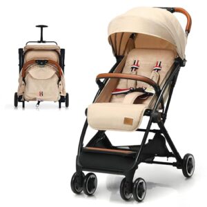 BABY JOY Lightweight Baby Stroller w/ Mesh Net, Compact Toddler Travel Stroller for Airplane, Easy One-Hand Fold Infant Stroller w/ 5-Point Harness, Adjustable Backrest, Footrest, Canopy, Storage Basket, Beige