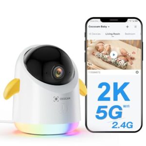 COCOCAM 2K Baby Monitor, Wi-Fi 2.4/5G, 355° Pan, 120° Tilt, Phone App, Fun Light, AI Analysis, Crying Detection, Temp/Humidity Sensor, 14 Lullabies, Indoor Monitoring Camera