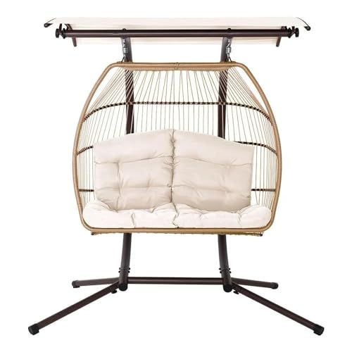 Gardeon Outdoor Swing Chair Rattan 2 Seater Latte Garden Bench Hanging Seat Patio Baconly Furniture Chairs With Adjustable Canopy Cushions Stand Wicker Basket Water Resistant 200kg Capacity 3