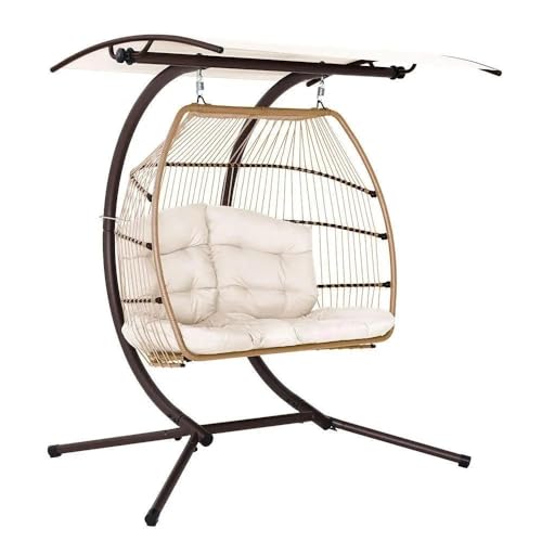 Gardeon Outdoor Swing Chair Rattan 2 Seater Latte Garden Bench Hanging Seat Patio Baconly Furniture Chairs With Adjustable Canopy Cushions Stand Wicker Basket Water Resistant 200kg Capacity