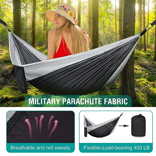 Hammock Camping Portable Single Double Hammocks For Outdoor Hiking Travel Backpacking 210d Nylon Hammock Swing For Backyard Garden Black Gray 2