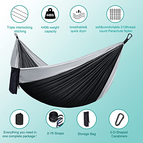 Hammock Camping Portable Single Double Hammocks For Outdoor Hiking Travel Backpacking 210d Nylon Hammock Swing For Backyard Garden Black Gray 3