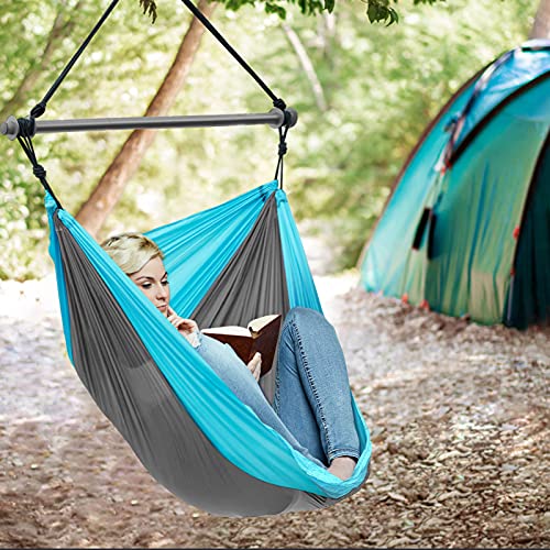Hammock Chair Portable Large Hanging Rope Swing Lightweight Nylon Parachute Max 500 Lbs Detachable Metal Support Bar Hammock Chair Swing For Outdoor Indoor Backpacking Camp Beach 2