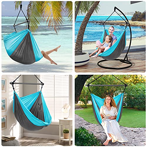 Hammock Chair Portable Large Hanging Rope Swing Lightweight Nylon Parachute Max 500 Lbs Detachable Metal Support Bar Hammock Chair Swing For Outdoor Indoor Backpacking Camp Beach 3
