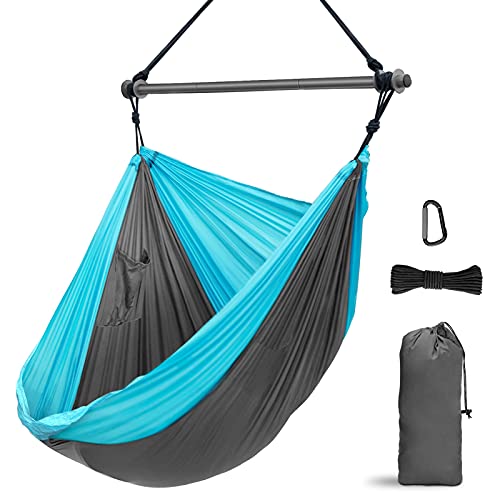 Hammock Chair Portable Large Hanging Rope Swing Lightweight Nylon Parachute Max 500 Lbs Detachable Metal Support Bar Hammock Chair Swing For Outdoor Indoor Backpacking Camp Beach
