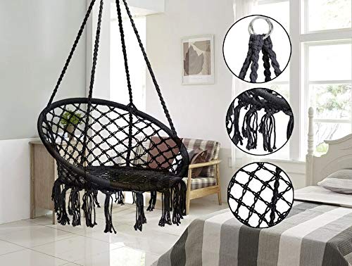 Hanging Rope Hammock Lounger Chair Macrame Porch Swing With Hooks Chain Ceiling Mount Set For Indoor Outdoor Home Bedroom Patio Yard Gardenmax 350 Lbs Not Included Cushion Or Pillow Black 3