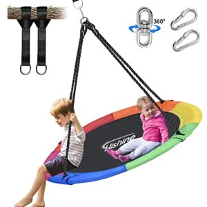 Hishine 110cm Saucer Tree Swing for Kids, 360° Rotate Waterproof Flying Saucer Swing with Swivel, Hanging Straps, Adjustable Ropes, Round Mat Spinner Swing for Tree/Swing Set (Rainbow)