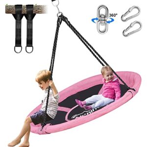 Hishine 110cm Saucer Tree Swing for Kids, 360° Rotate Waterproof Flying Saucer Swing with Swivel, Hanging Straps, Adjustable Ropes, Round Mat Spinner Swing for Tree/Swing Set(Pink)