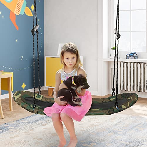 Honey Joy Kids Saucer Tree Swing 126 X 47cm Hanging Platform Surfing Tree Swing W Soft Padded Edge Adjustable Height Surfing Swing W Handles For Kids Adult Indoors Outdoors Camo Green 2