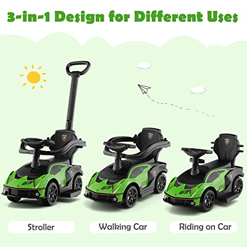 Honey Joy Lamborghini Licensed Push Cars For Toddlers 1 3 3 In 1 Stroller Sliding Walking Car W Handle Armrest Guardrail Underneath Storage Horn Foot To Floor Ride On Toy For Boys Girls Green 2