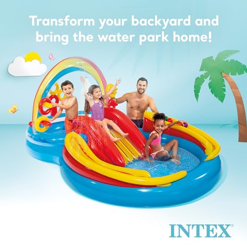 Intex 57453ep 975 Foot X 63 Foot X 53 Inch Multicolor Rainbow Slide Kids Inflatable Pool With Water Slide And Ring Toss For Children Ages 2 And Up 4