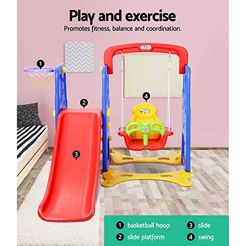 Keezi Kids Slide Swing Set With Basketball Hoop 3 In 1 Climbing Frame Cubby House Toddler Fold Up Cardboard Slides Playground Outdoor Indoor Activity Sports Center Gym Sticker Pump 2