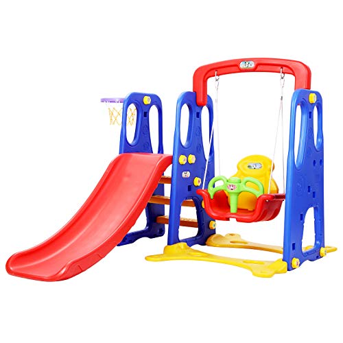 Keezi Kids Slide Swing Set With Basketball Hoop 3 In 1 Climbing Frame Cubby House Toddler Fold Up Cardboard Slides Playground Outdoor Indoor Activity Sports Center Gym Sticker Pump