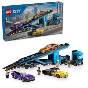 Lego City Car Transporter Truck With Sports Cars Construction Set 4 Vehicle Kids Toys For 7 Plus Year Old Boys Girls Stem Building Kit With Trailer And 4 Minifigures 60408