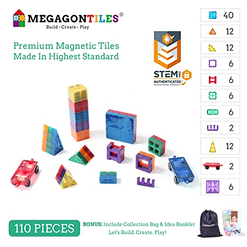 Megagontiles 110pcs Premium Magnetic Tiles Stem Authenticated Magnetic Blocks Magnetic Toys Magnetic Building Blockstoddler Boys Girls 3 10 Year Old Idea Books Storage Bag 2