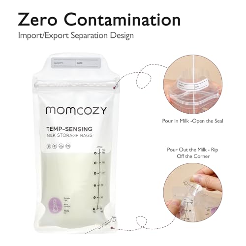 Momcozy Breastmilk Storage Bags 120pcs Temp Sensing Discoloration Milk Storing Bags For Breastfeeding Disposable Milk Storage Bag With 6 Ounce Self Standing No Leak Milk Freezer Storage Pouches 4