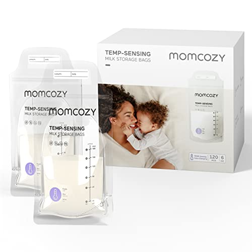Momcozy Breastmilk Storage Bags 120pcs Temp Sensing Discoloration Milk Storing Bags For Breastfeeding Disposable Milk Storage Bag With 6 Ounce Self Standing No Leak Milk Freezer Storage Pouches
