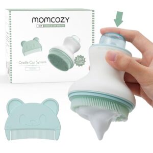 Momcozy﻿ Innovative Cradle Cap Brush with Pump, 2-in-1 Baby Cradle Cap Brush with Bubbler, Newborn Cradle Cap System, Shampoo Brush Baby Bath Essential Foamer Brush, Baby Hair Brush, Green