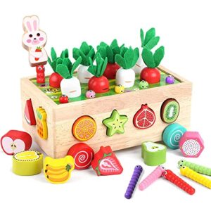 PELOSTA Toddler Montessori Wooden Educational Toys for Baby Boys & Girls Age 2-5, Farm Theme with Rabbit, 12 Fruit Blocks, 8 Carrots, 10 Worms & Shape Matching Car