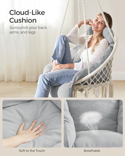 Songmics Hanging Chair Hammock Chair With Large Thick Cushion Boho Swing Chair For Bedroom Patio Balcony Garden Living Room Holds Up To 264 Lb Cloud White And Gray Ugdc042g01 3