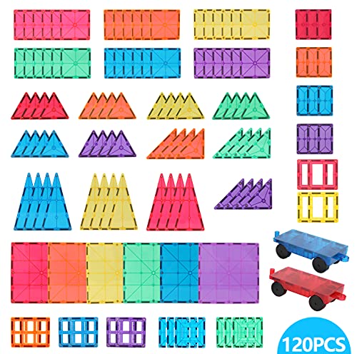 Steam Studio 120pcs Magnetic Tiles Including Two Cars Secured With Rivets Bpa Free Kids Toys Rainbow Colours Building Blocks Toddler Toys For Boys Girls Building Construction 2