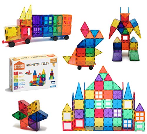 Steam Studio 120pcs Magnetic Tiles Including Two Cars Secured With Rivets Bpa Free Kids Toys Rainbow Colours Building Blocks Toddler Toys For Boys Girls Building Construction