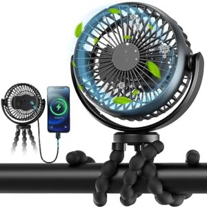 Stroller Fan for Baby - Portable Fan Rechargeable - Battery Operated Fan(5200mAh) - Fan for Handheld/Clip On/Car Seat/Desk/Camping（Black)