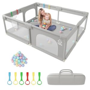 Timkos Grey Toddler Playpen, 200 x 160 cm, 50 Ocean Balls, 6 Pull Rings, Non-Slip, Extra Large, Zippered Door, Storage Bag, Unisex, Baby Playpen, Playard, Children