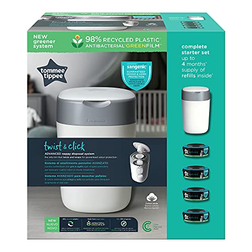 Tommee Tippee Twist And Click Advanced Nappy Bin Eco Friendlier System Includes 4x Refill Cassette With Sustainably Sourced Antibacterial Greenfilm White 4