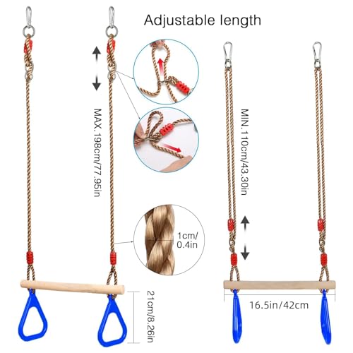 Trapeze Swing Bar Rings Visuivit Children Wooden Trapeze Swing Bar With Adjustable Rope Locking Straps Outdoor Swing Set Playground Accessories Gym Rings For Kids Blue 2