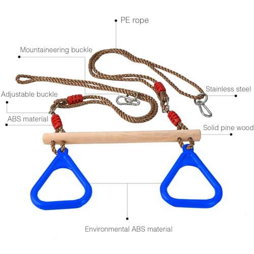 Trapeze Swing Bar Rings Visuivit Children Wooden Trapeze Swing Bar With Adjustable Rope Locking Straps Outdoor Swing Set Playground Accessories Gym Rings For Kids Blue 3