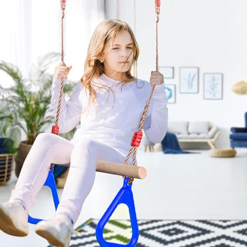Trapeze Swing Bar Rings Visuivit Children Wooden Trapeze Swing Bar With Adjustable Rope Locking Straps Outdoor Swing Set Playground Accessories Gym Rings For Kids Blue 4