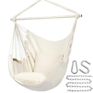 Y Stop Hammock Chair Hanging Rope Porch Swing Seat Quality Cotton Weave For Superior Comfort Durability Garden Patio Extra Long Bed Yard Max 320 Lbs 2 Seat Cushions Included With Hook Beige