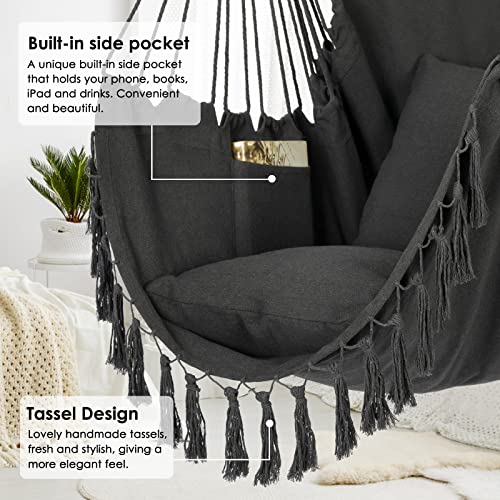 Y Stop Hammock Chair Hanging Rope Swing Max 500 Lbs 2 Cushions Included Large Macrame Hanging Chair With Pocket Cotton Weave For Superior Comfort Durability Dark Grey 2