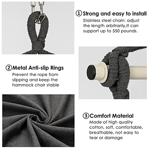 Y Stop Hammock Chair Hanging Rope Swing Max 500 Lbs 2 Cushions Included Large Macrame Hanging Chair With Pocket Cotton Weave For Superior Comfort Durability Dark Grey 3