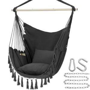 Y Stop Hammock Chair Hanging Rope Swing Max 500 Lbs 2 Cushions Included Large Macrame Hanging Chair With Pocket Cotton Weave For Superior Comfort Durability Dark Grey