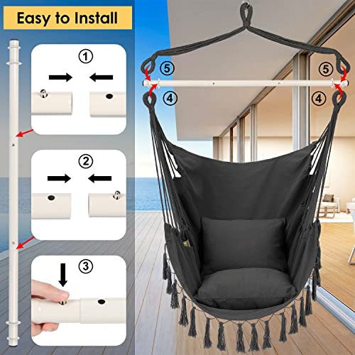 Y Stop Hammock Chair Hanging Rope Swing Max 500 Lbs 2 Cushions Included Large Macrame Hanging Chair With Pocket Cotton Weave For Superior Comfort Durability Dark Grey 4