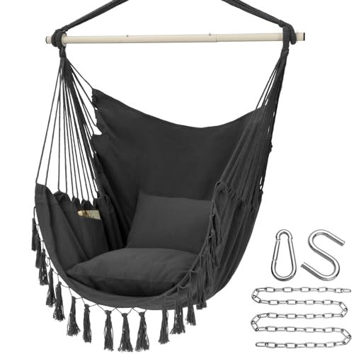 Y Stop Hammock Chair Hanging Rope Swing Max 500 Lbs 2 Cushions Included Large Macrame Hanging Chair With Pocket Cotton Weave For Superior Comfort Durability Dark Grey